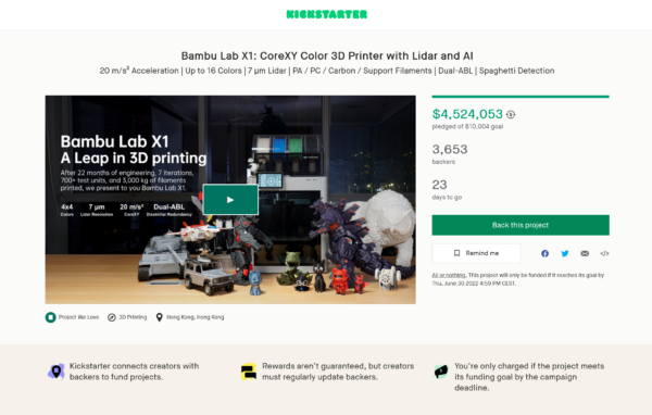 Bambulab X1 Kickstarter Campaign