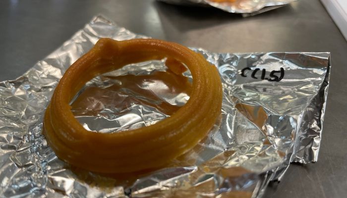 A 3D printed calamari ring using alterative meat ingredients