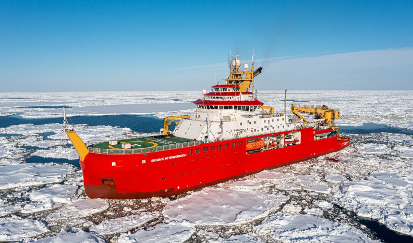 RRS Sir David Attenborough sails through ice-filled ocean
