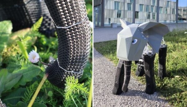 The elephant robot’s trunk can, among other things, grasp a flower.