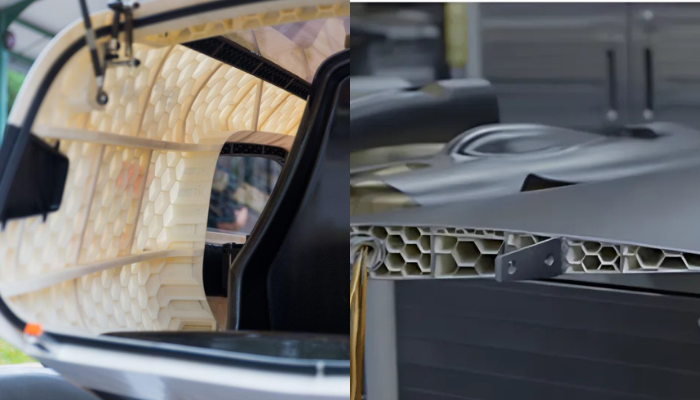 [Right] A Singaporian 3D printed car utilizing honeycomb structures. (Credit: NTU) [Left] A cross-section design using the application of a 3D printed honeycomb structure (Credit: Aamer Nazir)