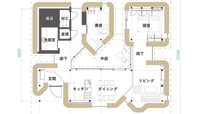 The open design allows for plenty of natural light. (For reference, from bottom right to left: リビング (living room), ダイニング (dining room), キッチン (kitchen), 玄関 (entrance), 中庭 (courtyard), 寝室 (bedroom), 書斎 (study); the bathroom is at the top left.)