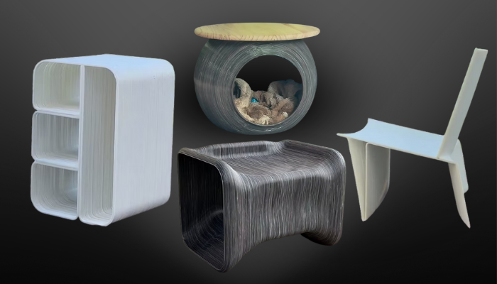 Some examples from their current collection include the Minima Shelf (left), Laakito Chair (center bottom), Mascota Cat Home (center top), and Bergsto Chair (right).