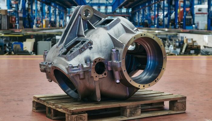 A 3D printed 540 kilogram gearbox housing that is used for DB's shunting locomotives.