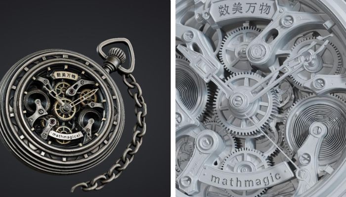 Side-by-side comparison of an antique pocket watch photograph and a detailed 3D reconstruction generated by Hi3D V3.0.