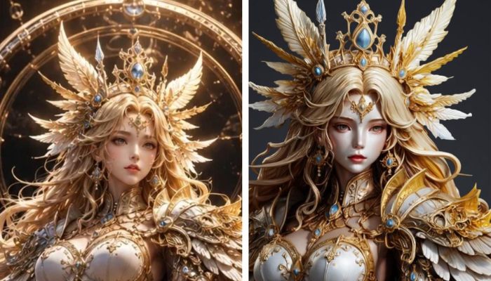 Fantasy character illustration next to its Hi3D V3.0 3D reconstruction.