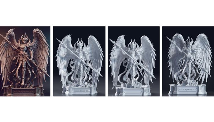 A bronze-toned figure of a winged warrior holding a spear, followed by three 3D reconstructions of the same statue produced by Hi3D.