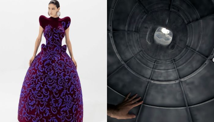 The finished burgundy and blue guipure dress on the runway, beside a view inside its 3D printed skirt structure showing the ribbed lattice underneath.