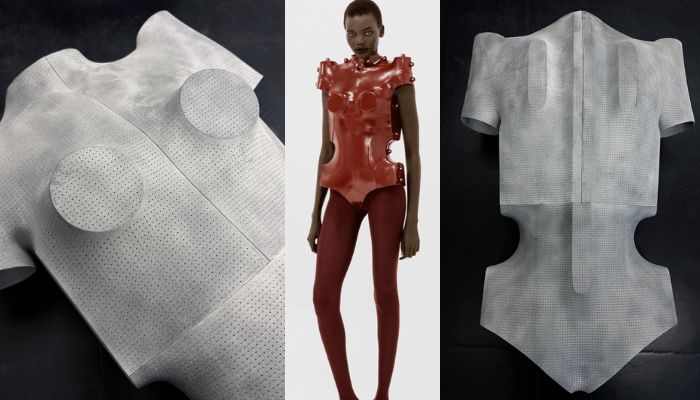 The 3D printed core of the burgundy bodysuit shown front and back in raw grey, beside the finished piece in hand-dyed leather on the runway.