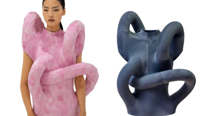 The pink feathered exoskeleton on the runway, beside the bare 3D printed TPU structure underneath it.