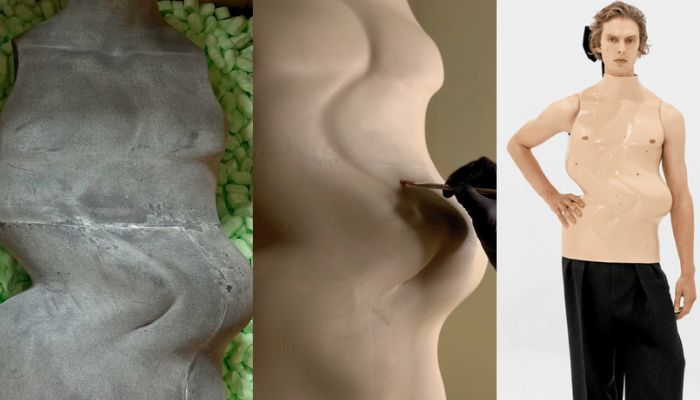 Look 7 in three stages: printed in raw TPU by Sculpteo, finished in latex at Matisse Di Maggio's atelier