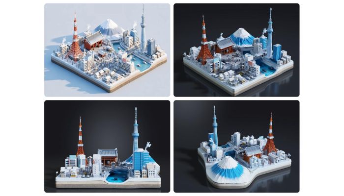 Miniature Tokyo diorama and three rotated views of its Hi3D V3.0 reconstruction.