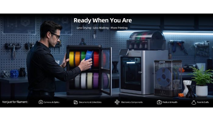 Marketing render of a workshop, with a person taking a spool from the open FilaDC i10 cabinet loaded with ten colours of filament. A 3D printer and a filament dryer sit alongside. A strip along the bottom lists other suggested contents: cameras and optics, documents, electronics, medical items and food.