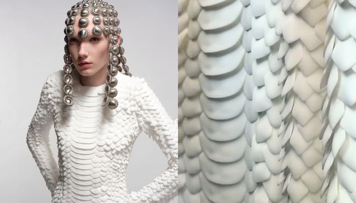 The white snake scales dress on the runway, beside a close-up of the overlapping 3D printed PA12 scales that cover it.