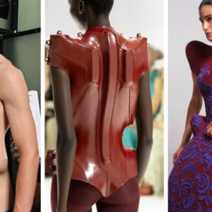 Three 3D printed haute couture looks from Jean Paul Gaultier's Autumn/Winter 2026-27 collection: a latex-finished bust, a leather torso shell, and a flocked guipure gown.