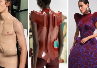 Three 3D printed haute couture looks from Jean Paul Gaultier's Autumn/Winter 2026-27 collection: a latex-finished bust, a leather torso shell, and a flocked guipure gown.