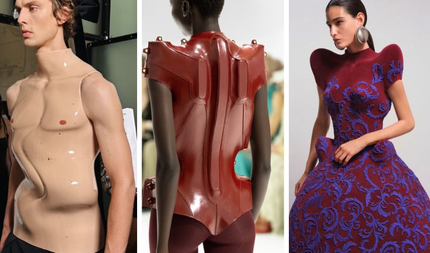 Three 3D printed haute couture looks from Jean Paul Gaultier's Autumn/Winter 2026-27 collection: a latex-finished bust, a leather torso shell, and a flocked guipure gown.