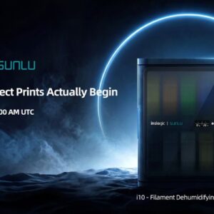SUNLU-INSLOGIC FilaDC i10 filament dehumidifying cabinet, a dark front-loading unit with filament spools visible behind a tinted door and a small display on the front, above the pre-order date of September 15, 2026 at 7:00 AM UTC.