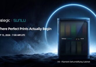 SUNLU-INSLOGIC FilaDC i10 filament dehumidifying cabinet, a dark front-loading unit with filament spools visible behind a tinted door and a small display on the front, above the pre-order date of September 15, 2026 at 7:00 AM UTC.