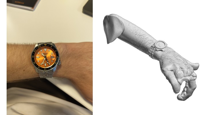The same watch photographed on the wrist, and the forearm Meshy modeled