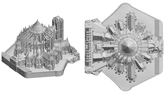 The invented side of the cathedral and the plan seen from above