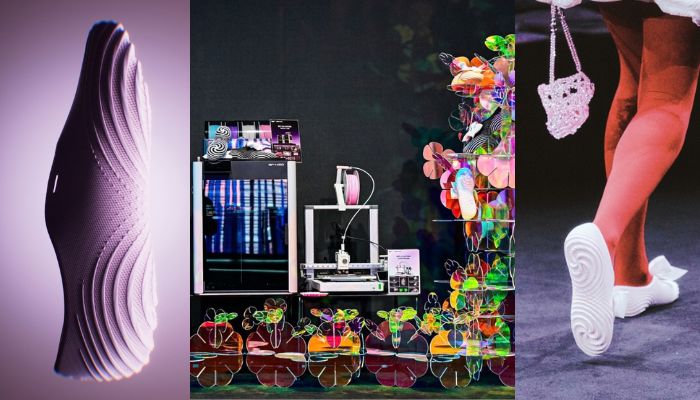Collage of a 3D-printed lilac shoe, two Bambu Lab 3D printers surrounded by iridescent flower cutouts, and a runway model in white shoes with a pink beaded bag.