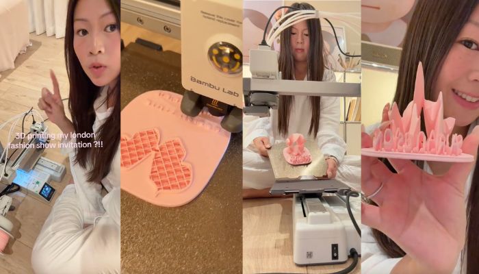 TikTok screenshots of a creator 3D printing a pink fashion show invitation on a Bambu Lab printer, from first layers to the finished spiky piece.