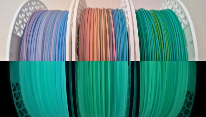 Three of Protopasta’s glow-in-the-dark multicolor HTPLA filaments.