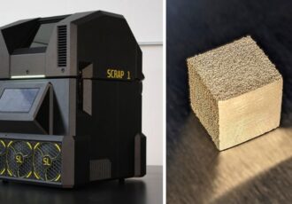 Metal test cube printed by Scrap Labs alongside the Scrap 1 desktop metal 3D printer