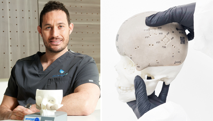 On the left, Arcomedlab founder Ilan Roseberg. On the right, the 3D printed cranial implant.