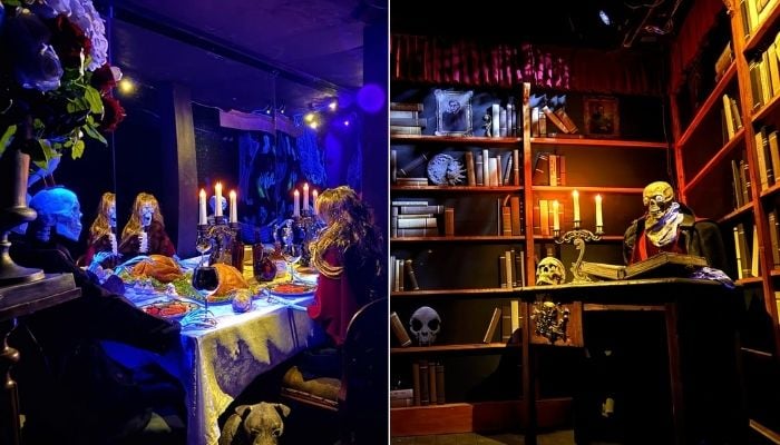 [Left]: Scene with 3D-printed candelabras. [Right]: Fully 3D-printed fake library. (Credit: Bambu Lab Blog)