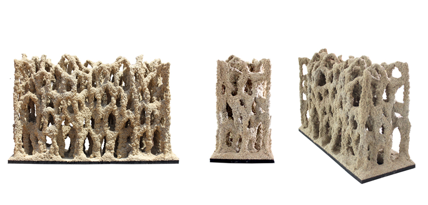 Sand Wall: 500 mm x 150 mm x 400 mm Este experimento muestra que la impresión 3D en arena puede ser utilizada a escala arquitectónica